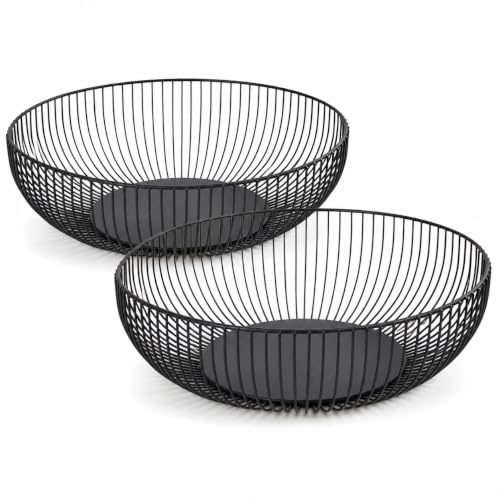 BOODPET Obstschale 2er-Set Schwarz Matt - Metall Obstkorb Rund im modernen Draht-Design, 28cm Große Dekoschale für Obst, Gemüse & Brot, Luftiger Aufbewahrungskorb für die Küche & Esstisch