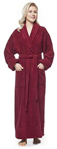 Arus Women's Long Style Full Length Thick Shawl Collar Turkish Bathrobe, Burgundy, Large