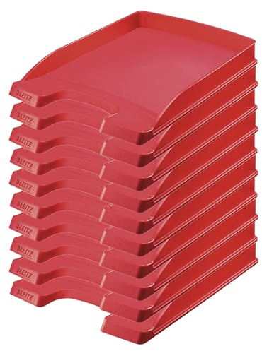 Leitz Briefkorb Flach A4, 10er Pack, Briefablage in Premium-Qualität, Stapelbares Ablagefach als Schreibtisch-Organizer, Kombinierbar mit Plus-Serie, Rot, 52370025
