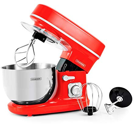 Kitchencook – Robot amasador 5 l – 1300 w – 6 intensidades – Cuenco extraíble de acero inoxidable – Gancho para pasta – Batidor de alambres – Rojo