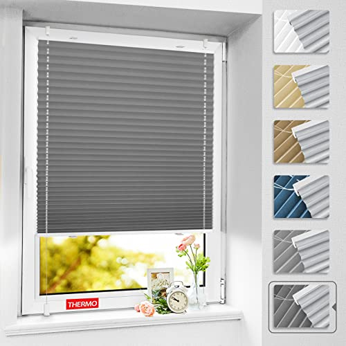 BelleMax Plissee ohne Bohren verdunkelung, Thermo Plisseerollo Klemmfix, Grau 60x200cm(BxH), Verdunklungsplissee 100% lichtundurchlässig für Fenster, Blickdicht Sichtschutz Sonnenschutz
