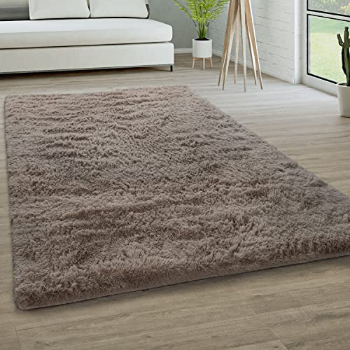 Paco Home Hochflor Teppich Wohnzimmer rutschfest Fellteppich Shaggy Flauschig Weich Modern Kunstfell Fell Imitat Einfarbig, Grösse:140x200 cm, Farbe:Taupe