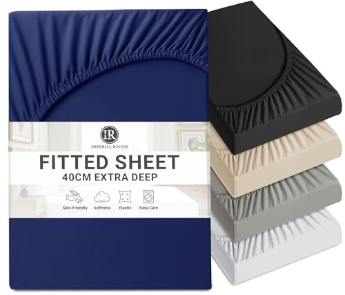 Imperial Rooms Single Fitted Sheet 40 Cm Bed Sheets - Brushed Microfiber Shrinkage and Fade Resistant Fitted Bed Sheet Extra Deep Pocket (Navy)