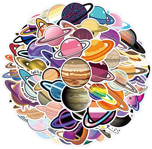 Cobee Universe Planets Stickers, 50 Pcs Cartoon Space Planets Vinyl Sticker for Kids Teens Waterproof Vintage Astronomy Vinyl Stickers Solar System Stickers for Water Bottles Laptop Guitar Skateboard