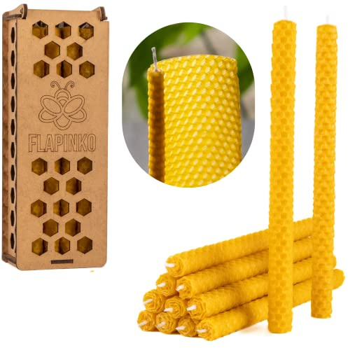 FLAPINKO Set di candele in cera d'api fatte a mano, 12 pezzi Slighlty Narrow | 100% puro, biologico, naturale, stoppino di cotone, trama a nido d'ape, set regalo con scatola di legno, premium, cena,