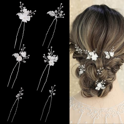 SELFCLOUD Handmade Pearl Bridal Wedding Hair Pins 6Pcs White Flower Gold Leaf Pearls Clips Bridal Hair Accessories for Women Brides Bridesmaid