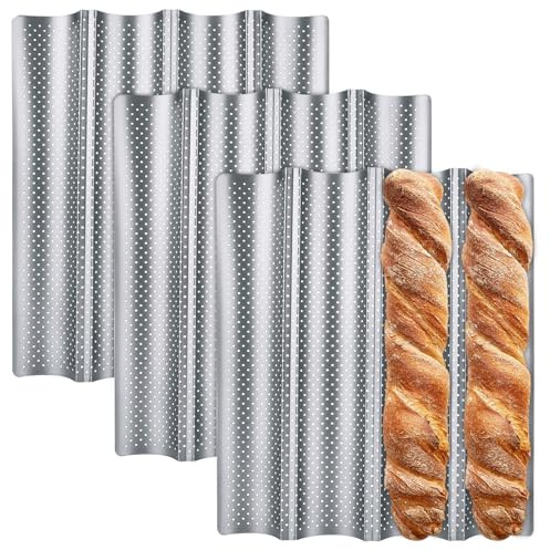 ABuff 3 Pack Nonstick French Baguette Bread Pan 15 x 13 for French Bread Baking Heat Resistant Perforated 4 Loaves Loaf Bake Mold Baguette Tray for Professional & Home Baker Baking Supplies