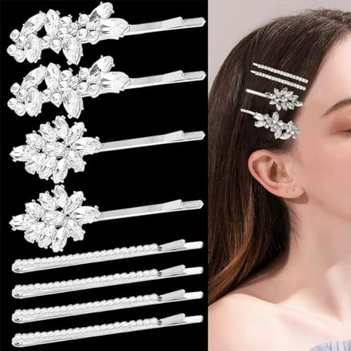 Juego de 8 horquillas brillantes para el pelo - Accesorios elegantes para novia y dama de honor - Pasadores de diamantes para niñas - Color plata