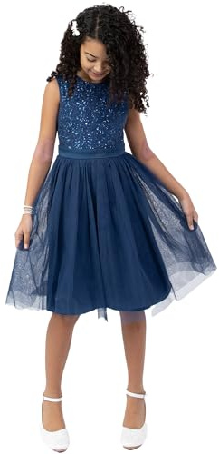 Maya Deluxe Midi Dress for Girls Sequins Embellished Party Tutu Bridesmaids Wedding with Belt Bow, Robe Fille, French Navy,