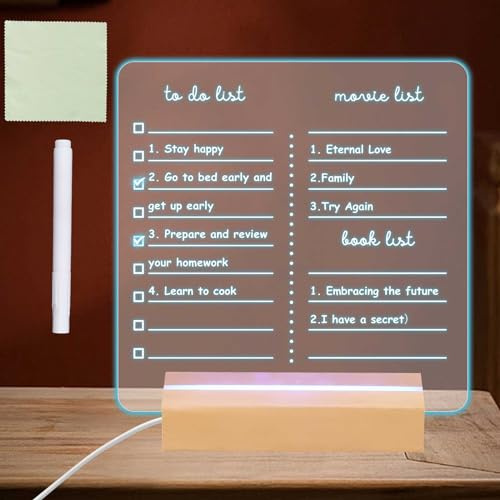 Tableau à message LED transparent effaçable à sec en acrylique avec double support, 7 lumières colorées, support en bois à DEL avec marqueurs pour la maison et le bureau (liste de films)