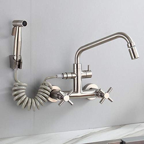 304 Stainless Steel Wall Mounted Kitchen Faucet with Pull Out Spray Gun and LED Hot Water Tap Two Handles Sink Faucet for Wash Basin and Washbasin Double Chasing Swivel Spout