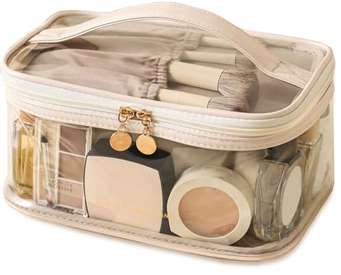 Large Clear Makeup Bag Big Travel Cosmetic Bag On-The-go Toiletry Bag with Handle Transparent Toiletries Bags Pouch for Purse Orangizer for Daily Essentials White
