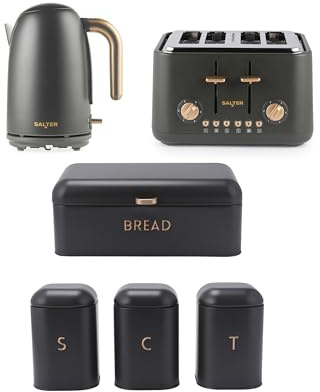 Salter Pebble 6-Piece Countertop Set - 1.7L 3kW Kettle, 4-Slice Toaster, 3-Piece Canister Set & Bread Bin, Tea, Coffee & Sugar Tins, Matching Electrical Appliance Set, Charcoal Grey
