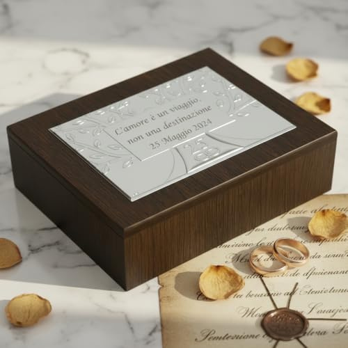 Argenteria MB Scatola Portagioie con Albero della Vita per il 25 Anniversario di Nozze, Realizzato in Legno con Targa in Argento PVD Personalizzabile con incisione