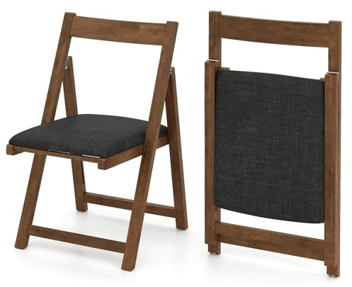 COSTWAY 2/4 Pack Folding Chairs, Fabric Padded Dining Chairs with Curved Backrest and Foot Pads, Rubber Wood Frame Upholstered Side Kitchen Chair for Home Office Wedding Event (2, Black+Walnut)