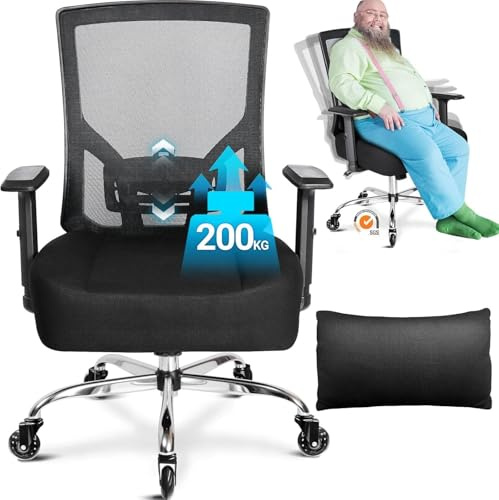 MELOKEA Sedia da Ufficio Ergonomica XXL per Persone Robuste, 200kg Portata con Ruote in Gomma, Schienale Alto, Extra Larga Seduta Ultra-Spessa 14cm Big & Tall, Inclinazione Regolabile