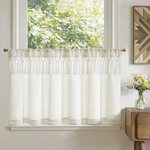 TOPICK Tenda da Cucina Piccola Tenda Corta, Design con Frange Filtrante della Luce, Bianco 125L x 60A (cm) 1 Pezzo con Passante per Asta, per Finestra, Armadio, Sotto Lavello, Camera da Letto