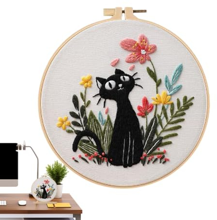 Générique Kit de Broderie Chat,Kit De Broderie Débutant Chat Imprimé Sur Cadre - Set Cadre Aiguille Fil Fournitures Créatives Pour Maison Voyage,Projets Cours D'Art Halloween Noël