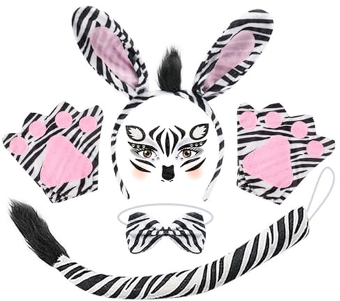 MLPKOI 5 Pcs Disfraz Animales, Disfraz Cebra, Zebra Diadema Pegatina Estampado de Zebra Cola Guantes de Cebra Corbata, Accesorios de Cosplay para Niños Halloween Cosplay Carnaval Fiesta Temática