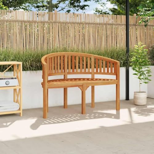 RuiNingRN Banana Bench 120 cm Solid Wood Teak Garden Bench with Backrest and Armrest, Weatherproof, Sturdy, for Patio, Balcony and Outdoor, 2-Seater Bench Made of High-Quality Teak Wood