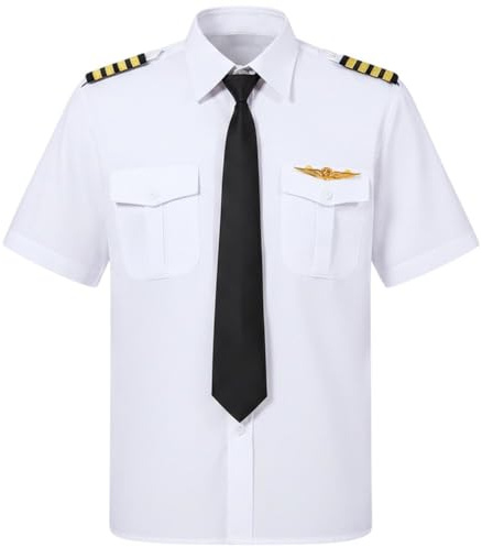 Vobumix Chemise De Pilote Professionnel, Chemise De Pilote D'aviation avec Insigne De Cravate Épaulettes, Costume De Travail De Pilote De Ligne Adulte