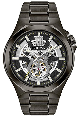 Bulova Men's Classic Maquina Black Ion-Plated Stainless Steel 3-Hand Automatic Watch, Skeleton Dial Style: 98A179