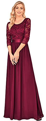 Ever-Pretty Vestito Donna Elegante Cerimonia 3/4 Manich Stile Impero Maxi Linea ad A Pizzo Chiffon Abiti da Damigella Borgogna 44