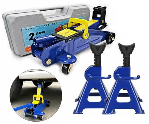 2 Tonne Heavy Duty Hydraulic Trolley Floor Jack & 3 Ton Axle Stands Pair of 2 For Car Caravan Van Vehicle Stand Lift (Car Jack Kit)