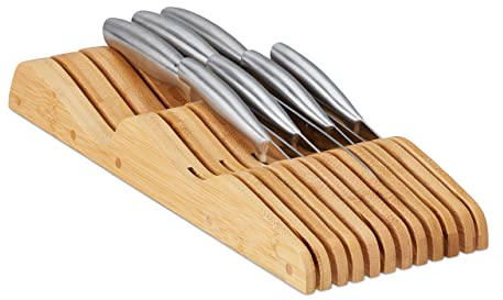 Relaxdays Inserto Portacoltelli da Cassetto, Vuoto, Ceppo, Bambù, per 11 Coltelli,HLP 5x14,5x40 cm, Organizer, naturale