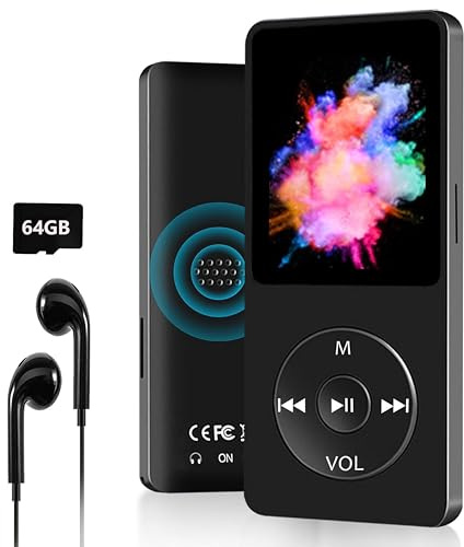 64Go MP3 Bluetooth 5.0 avec Haut-Parleur, Lecteur MP3 en Qualité Sonore HiFi Audio MP4 Baladeur Sport avec Écouteurs, Volume Indépendant, Radio FM, Enregistreur Vocal, Prend en Charge Jusqu'à 128 Go