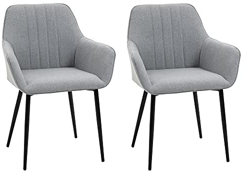 HOMCOM Chaises de Salle à Manger Chaises de Visiteur Design scandinave - Lot de 2 chaises - Pieds effilés métal Noir - Assise Dossier accoudoirs ergonomiques Lin Gris
