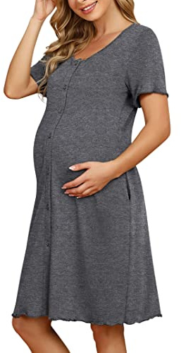 KOJOOIN Chemise de Nuit Naissance Femme d'allaitement Manches Courtes Vêtements de Nuit Coton de maternité avec Patte de Boutonnage sur Toute la Longueur Robe de Nuit,Gris foncé(Manches Courtes),XXL