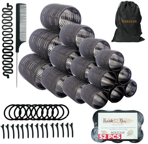 Mirzian 20 bigodini per capelli neri, 10 bigodini in velcro autoaderenti senza calore, 10 clip a becco d'anatra, bigodini neri per capelli lunghi, senza rulli termici (35 mm)