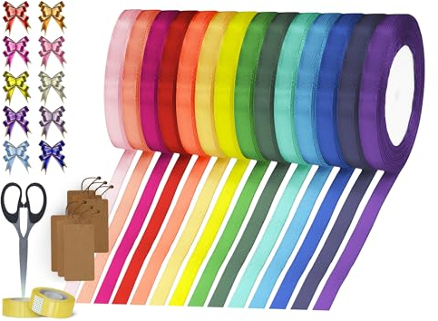 Geschenkband [XXL Set inkl. Schleifen Geschenkanhänger] Satinband 14 Farben 10mmx22m Schleifenband Geschenkverpackung Deko Basteln Weihnachten Seidenband