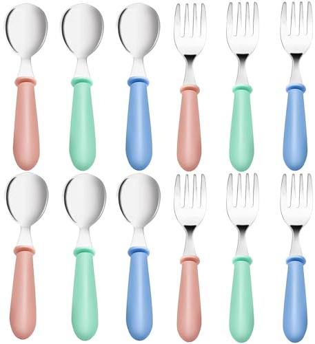 xlehoely 12 Pieces Toddler Utensils,Stainless Steel Baby Forks and Spoons Silverware Set,Kids Silverware Set Children's Cutlery Set with Round Handle,Toddler Flatware Fork Spoon Set,Dishwasher Safe