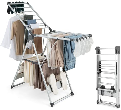 HOMASIS Wäscheständer klappbar, Standtrockner mit Flügeln, höhenverstellbar Wäschetrockner mit 21 Wäschestange & 10 Sockenhalter & 4 Schuhhalter, Flügelwäschetrockner Trockenständer für Innen & außen