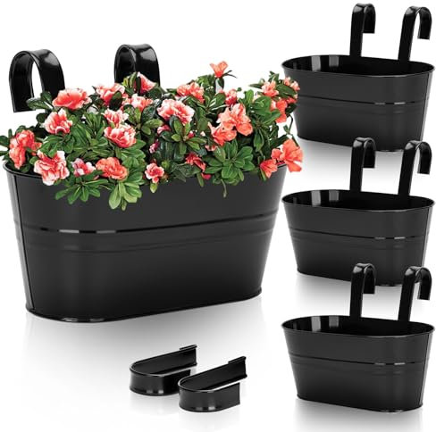 KINGLAKE 4 Stück 27CM Blumentöpfe zum Aufhängen Hängend，Schwarz Blumentopf Metall,Große Hängetopf mit Abnehmbarem Haken und Loch, für Balkon, Zäune, Fenster, Geländer-27X 22X 12cm