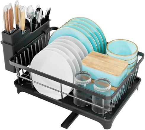 TidyIsles Égouttoir à Vaisselle – Égouttoir à Vaisselle Peu encombrant avec Porte-ustensiles, égouttoir à Vaisselle pour comptoir de Cuisine, égouttoir d'évier avec égouttoir – Noir