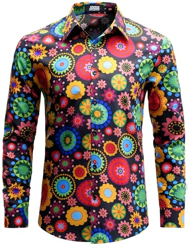JOGAL Mens Regular fit Floral Dress Shirt Long Sleeve Printed Casual Button Down Shirts Black Multicolor Medium