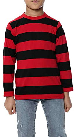 FASHIONISM Mens Long Sleeve Horizontal Black and Red Stripe T Shirt Unisex Crew Neck Striped Pull Over Halloween Party Wear Basic Tees Top