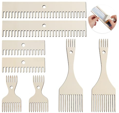 AHANDMAKER 8 pettini in legno per tessitura a telaio, 4 stili, pettine a doppia estremità in legno, pettine per frange, strumenti intrecciati fai da te, per lavori a maglia, tappeti, tovagliette,