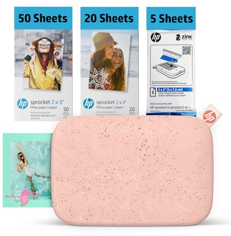 HP Sprocket 2x3 Instant Smartphone Photo Printer 75 Sheets Bundle - Bluetooth Portable Color Wireless Mobile Printer (Pink) Zink Sticky-Back Photos