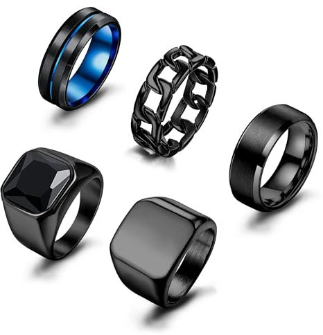 KRFY 5Pcs Bagues pour hommes en acier inoxydable noir Bagues chevalières polies mattes Vintage Fidget Ring Bague de fiançailles et de mariage 11
