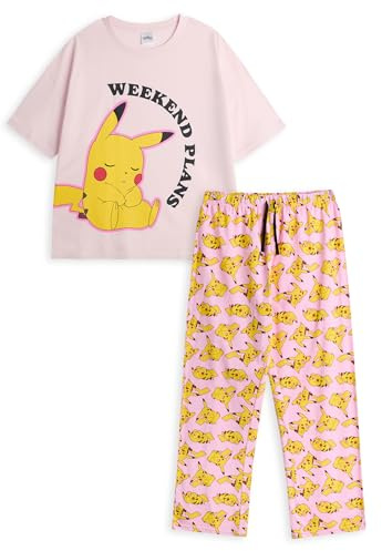 Pokémon Pikachu Women's Pink Short Sleeve Long Leg Pyjama Set | Weekend Plans Graphic Loungewear | Cartoon PJs with Drawstring Bottoms | Casual Sleepwear for Ladies