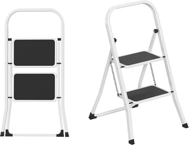 LZQ Klappleiter Trittleiter 2 Stufen – Haushaltsleiter klappbar mit rutschfesten Stufen & stabilem Stahlrahmen, platzsparend faltbar, 150 kg Tragkraft, Klapptritt für Küche, Büro, Balkon