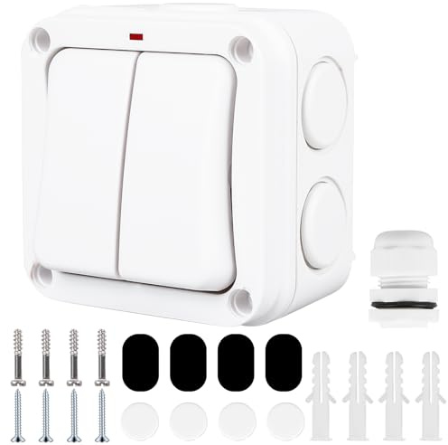 WIYETY Interruptor universal de 16 A: interruptor resistente a la intemperie, IP66 resistente al agua con polvo, doble interruptor y luz de control, interruptor exterior, para exterior, jardín, balcón