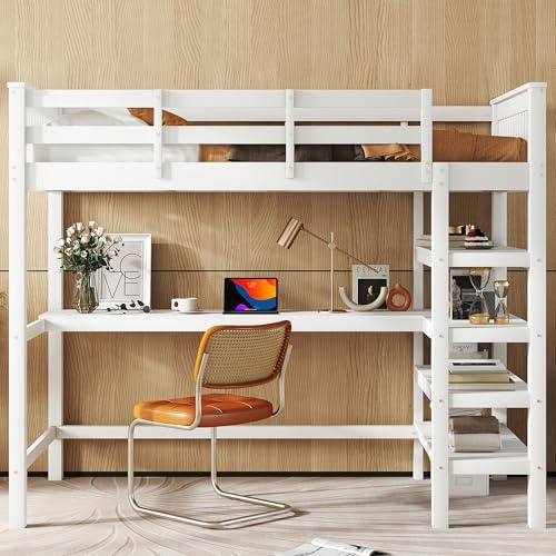 Cama alta con escritorio y estantería de almacenamiento, 90 x 200 cm, marco de cama infantil con somier de láminas y protección contra caídas, ahorra espacio, litera de madera de pino, cama funcional