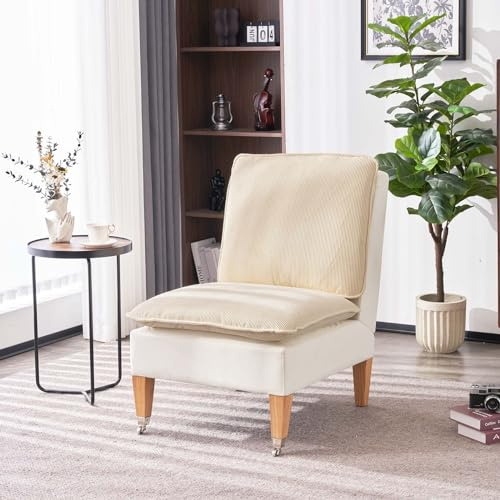 Fiximaster Armloser Sessel, Moderner Lesesessel aus Cordsamt, Loungesessel für Schlafzimmer mit Zwei Rädern, geeignet für Wohnzimmer, Schlafzimmer und Empfangsbereich (Beige)