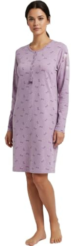 Viterbo Biancheria Camicia da Notte Donna in 100% Caldo Cotone Interlock Invernale PS22040 con Bottoni (Malva, XL)