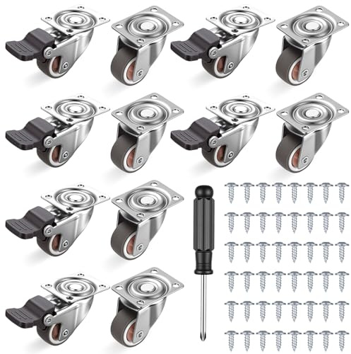 12 stycken Möbelhjul, små Möbelhjul, 25 mm hjul för tunga laster, styrhjul med broms, hjul för möbler, gummihjul med 48 skruvningar, 1 skruvmejsel (6 med broms, 6 utan)